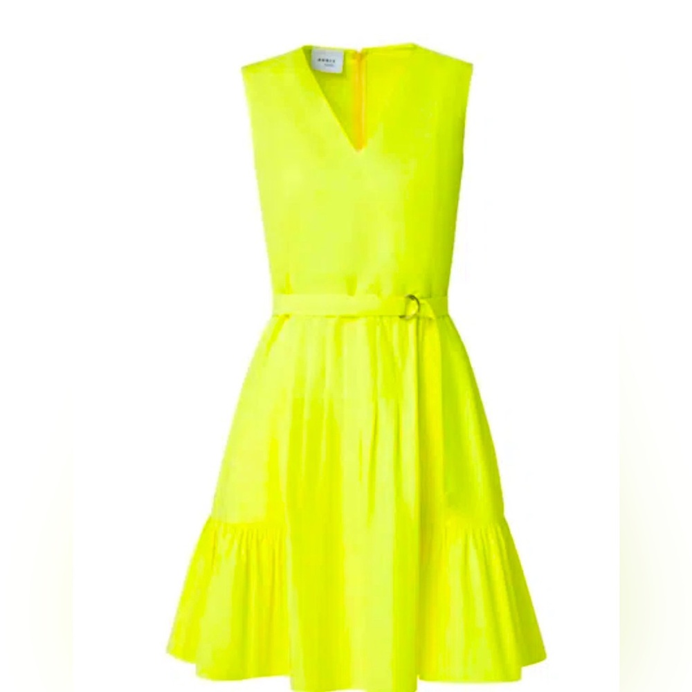 AKRIS punto V-Neck Cotton Poplin Pleated Dress In Neon Yellow Size US 4